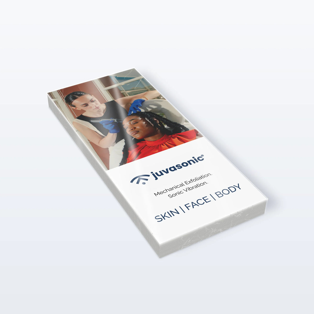 A stack of twenty-five Juvasonic patient brochures, cover up