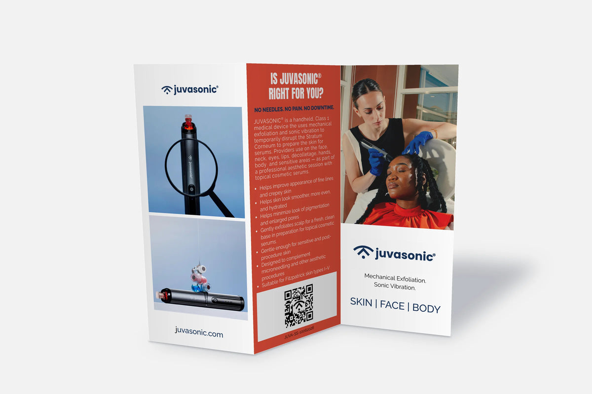 Juvasonic patient brochure, tri-fold, outside panels standing open